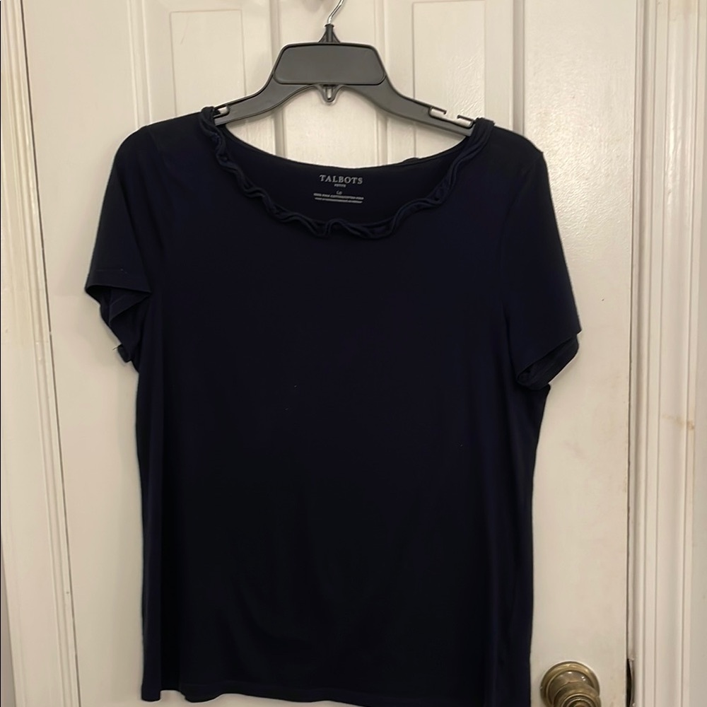 Talbots Petites Navy Ruffled Collar Short Sleeve Top
